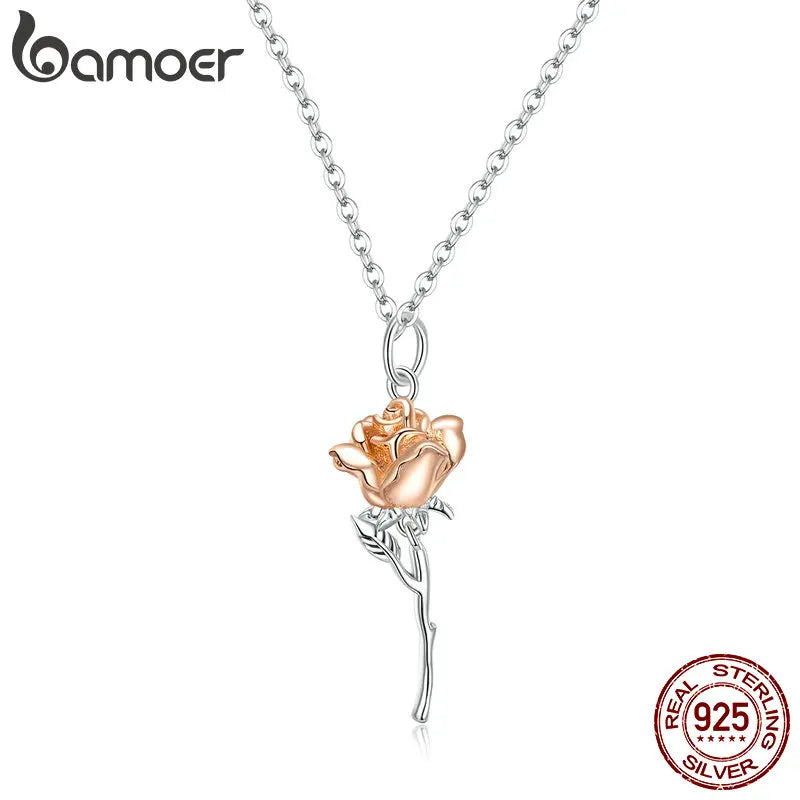 bamoer Sterling Silver 925 Graceful Rose Pendant Necklace for Women Chain Necklaces Plated platinum Jewelry BSN190