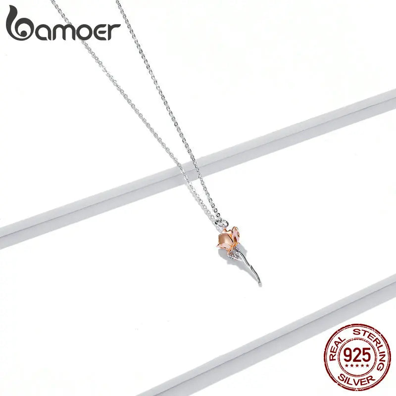 bamoer Sterling Silver 925 Graceful Rose Pendant Necklace for Women Chain Necklaces Plated platinum Jewelry BSN190