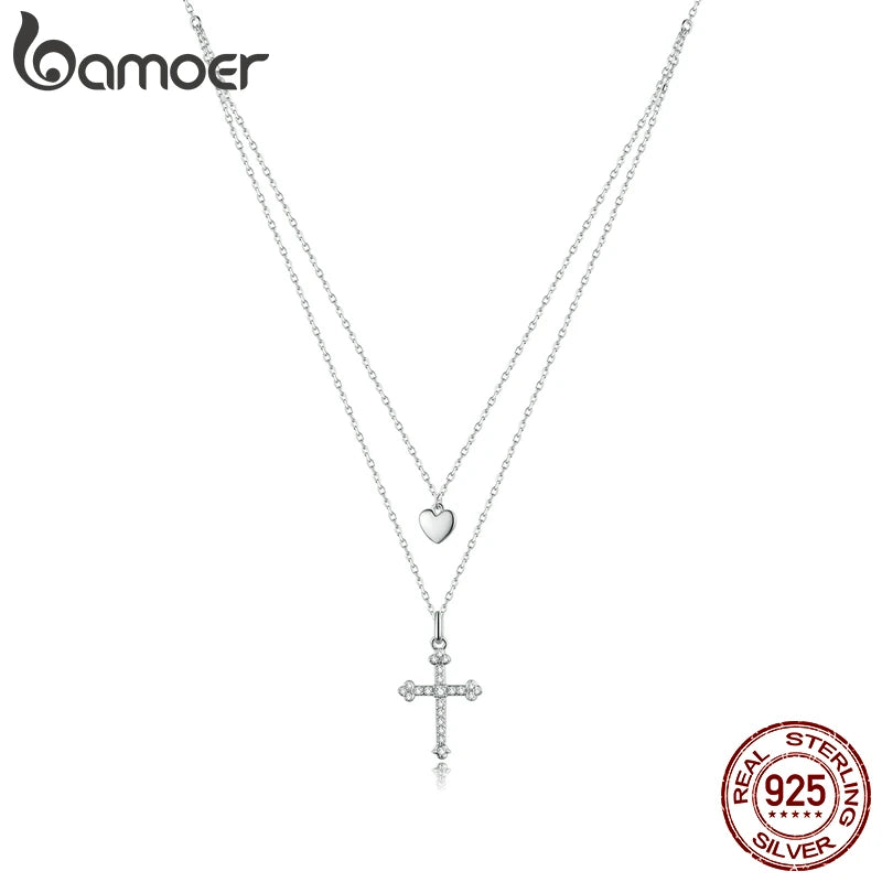 Bamoer Sterling Silver 925 Cross and Heart Double Layer Pendant Necklace for Women Pave Setting CZ Simple Fine Jewelry BSN197