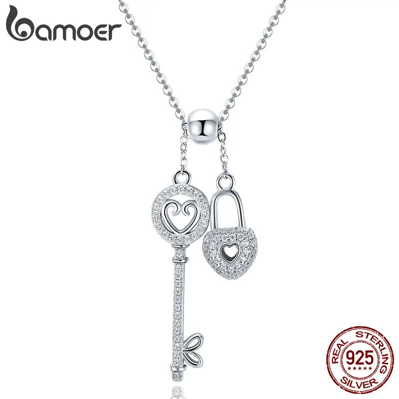 BAMOER Romantic 925 Sterling Silver Key of Heart Lock Chain Pendant Necklaces for Women Sterling Silver Jewelry Collar SCN290