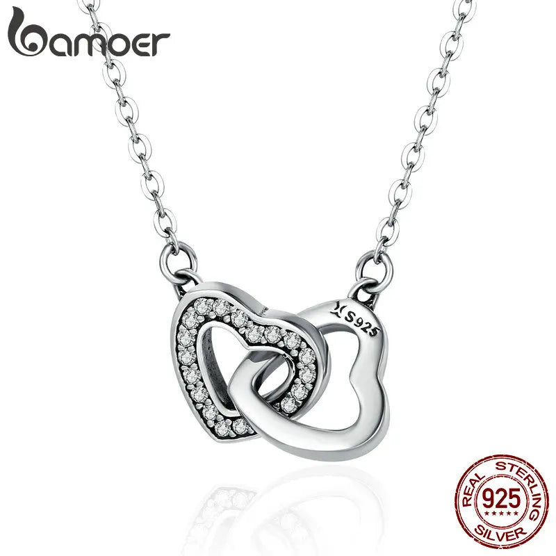 BAMOER 925 Sterling Silver Connected Heart Pendant Necklace for Girlfriend Valentine's Day Gift Fine Jewelry SCN181