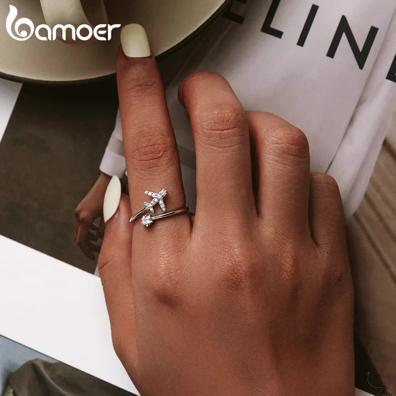 BAMOER Genuine 925 Sterling Silver Flying Plane Open Finger Rings for Women Clear CZ Adjustable Rings Fine Jewelry Bijoux SCR623