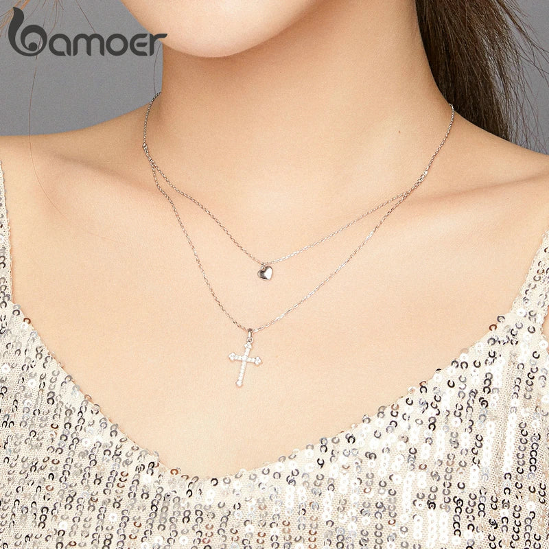 Bamoer Sterling Silver 925 Cross and Heart Double Layer Pendant Necklace for Women Pave Setting CZ Simple Fine Jewelry BSN197