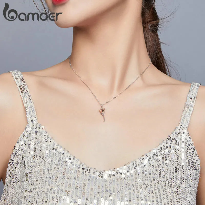 bamoer Sterling Silver 925 Graceful Rose Pendant Necklace for Women Chain Necklaces Plated platinum Jewelry BSN190