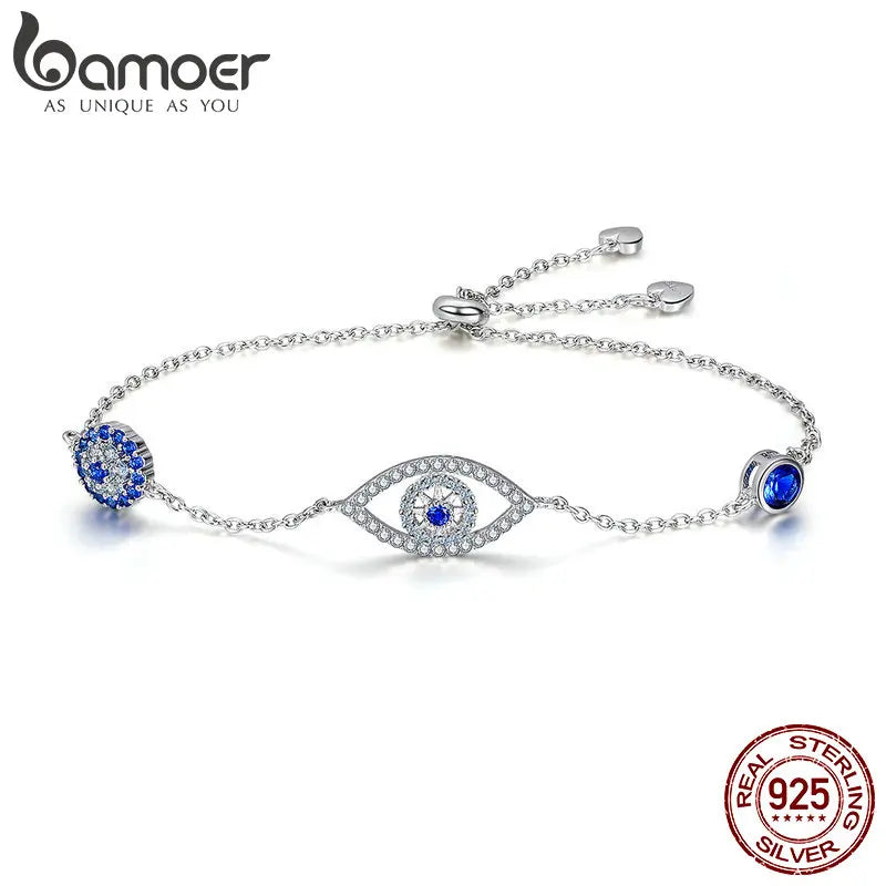 Bamoer 100% 925 Sterling Silver Blue Zircon Evil Eyes Bracelet Guardian Eye Chain for Women Gift Fine Jewelry SCB089