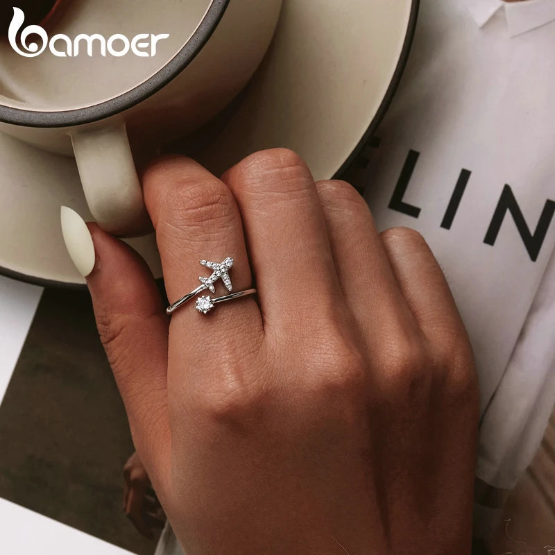 BAMOER Genuine 925 Sterling Silver Flying Plane Open Finger Rings for Women Clear CZ Adjustable Rings Fine Jewelry Bijoux SCR623