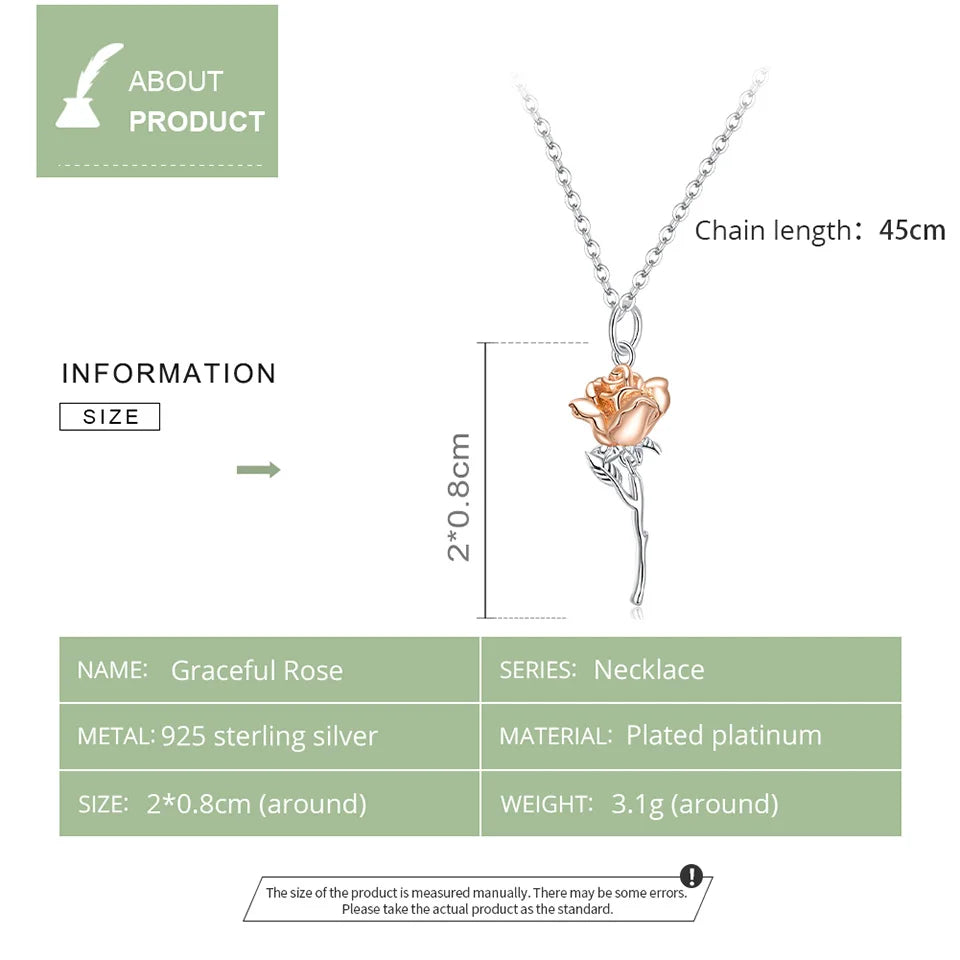 bamoer Sterling Silver 925 Graceful Rose Pendant Necklace for Women Chain Necklaces Plated platinum Jewelry BSN190