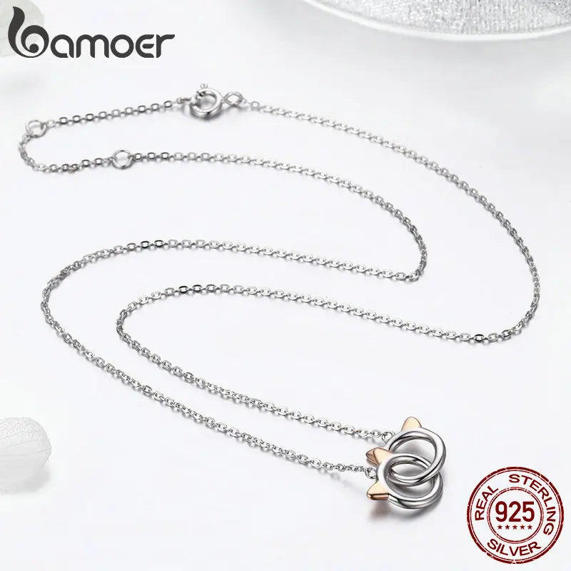 BAMOER New Arrival 925 Sterling Silver Double Circles Pet Cat Pendant Necklace Cute Animal Chain for Women Jewelry Gift SCN252