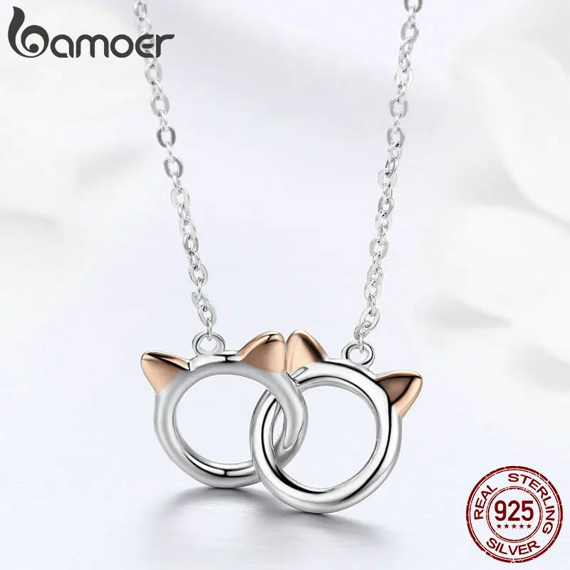 BAMOER New Arrival 925 Sterling Silver Double Circles Pet Cat Pendant Necklace Cute Animal Chain for Women Jewelry Gift SCN252