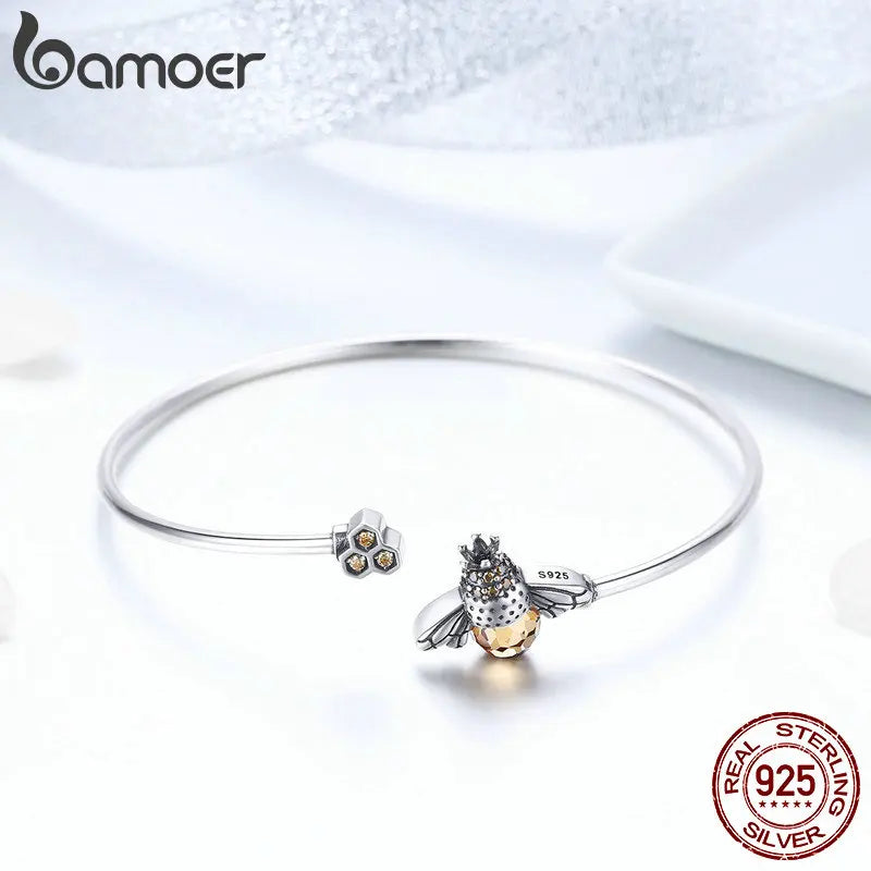 Bamoer 925 Sterling Silver Crystal Yellow Bee Bangle Silver Cute Insect Bracelets for Women Birthday Gift Fine Jewelry SCB104