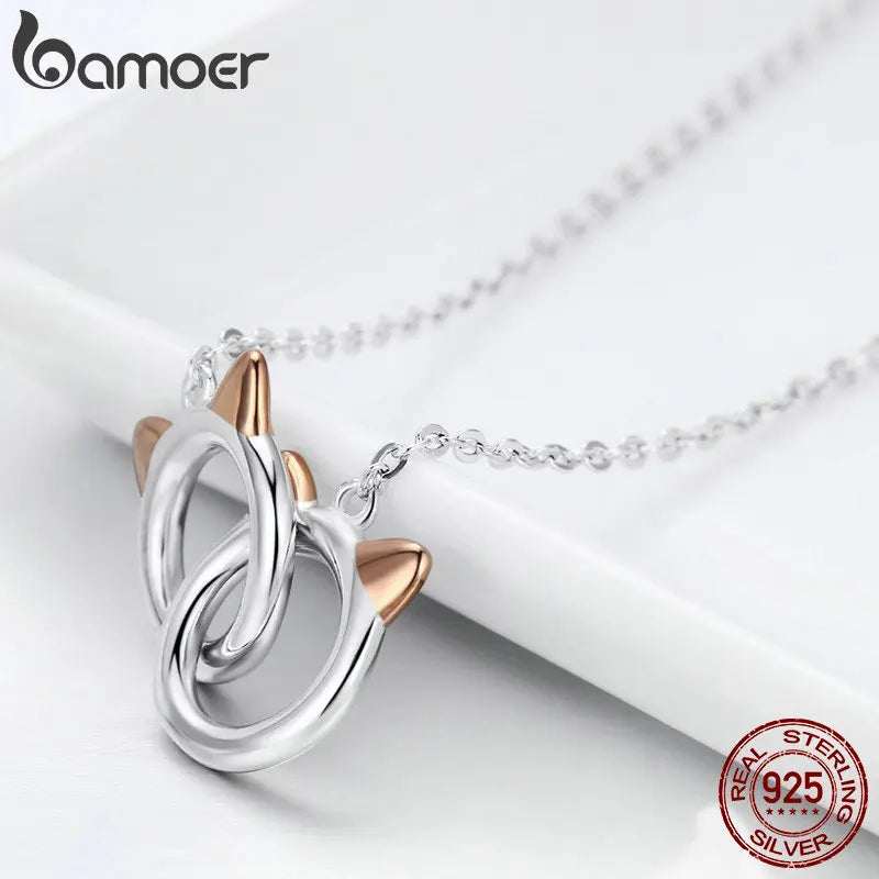 BAMOER New Arrival 925 Sterling Silver Double Circles Pet Cat Pendant Necklace Cute Animal Chain for Women Jewelry Gift SCN252