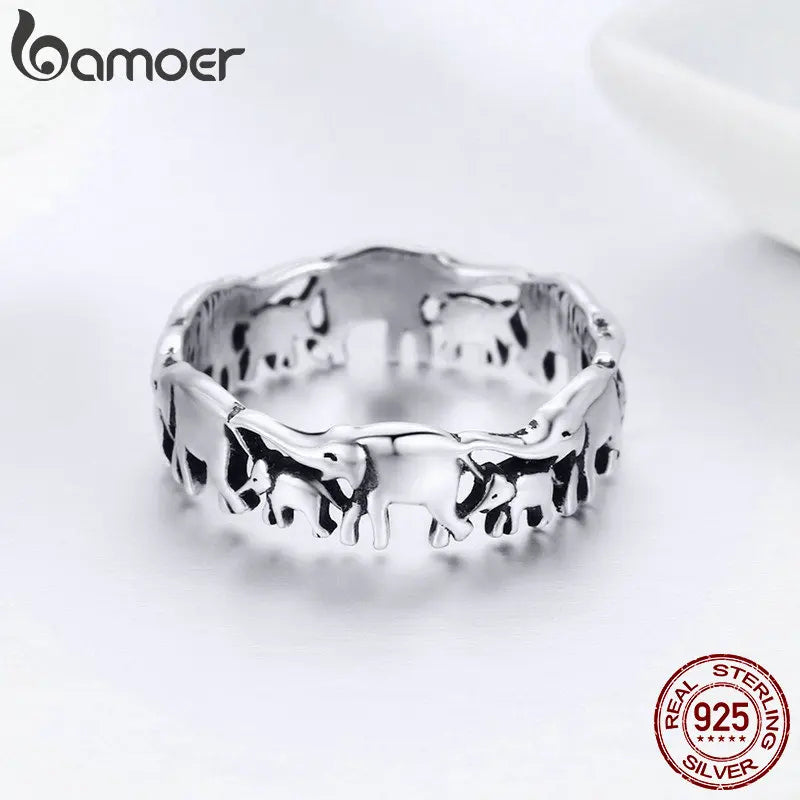 BAMOER 100% 925 Sterling Silver Stackable Animal Collection Elephant Family Finger Rings for Women Trendy Silver Jewelry SCR344