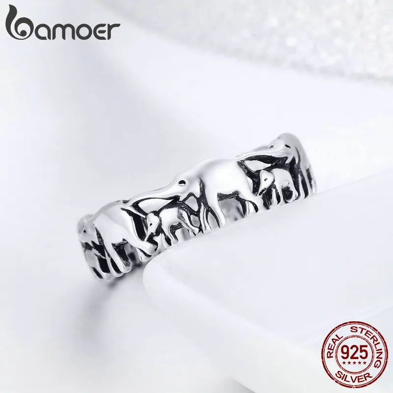 BAMOER 100% 925 Sterling Silver Stackable Animal Collection Elephant Family Finger Rings for Women Trendy Silver Jewelry SCR344