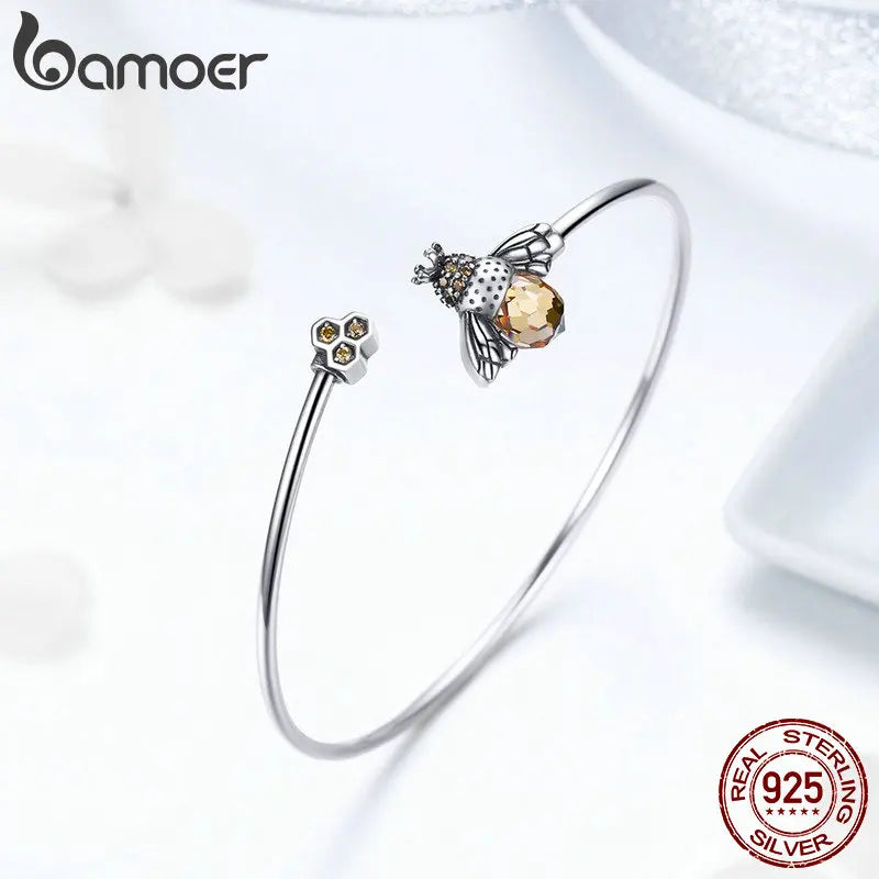 Bamoer 925 Sterling Silver Crystal Yellow Bee Bangle Silver Cute Insect Bracelets for Women Birthday Gift Fine Jewelry SCB104