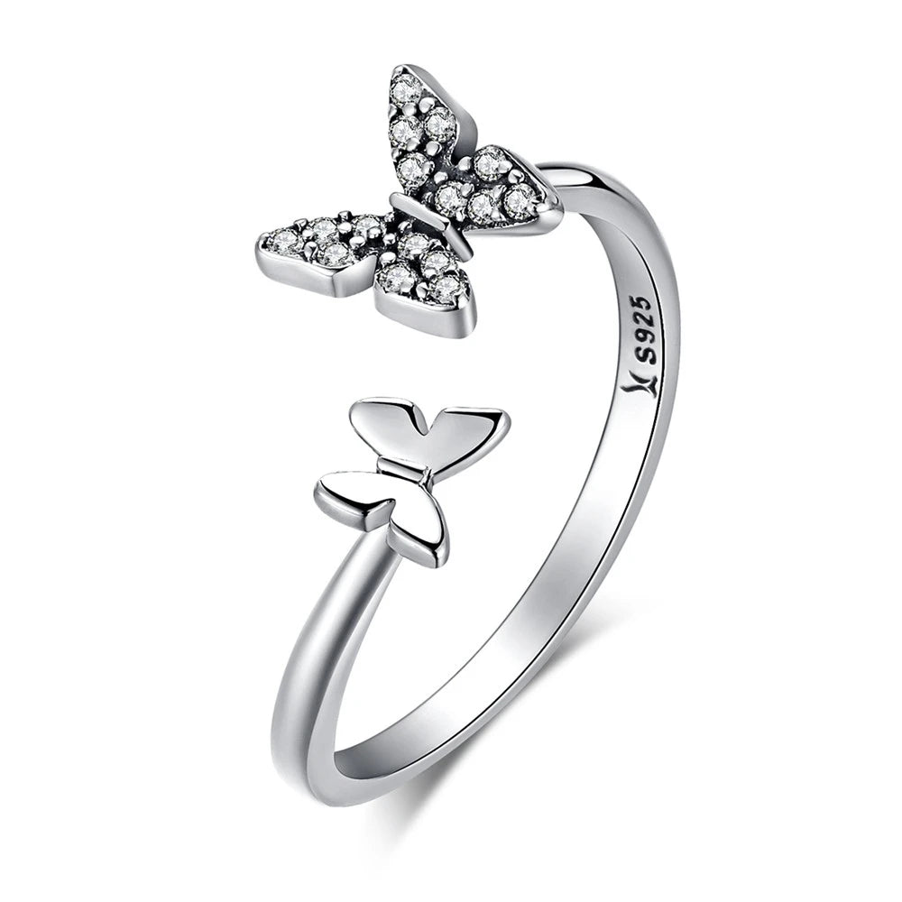 BAMOER Hot Sale 925 Sterling Silver Dazzling CZ Butterfly Open Finger Ring for Women Fashion Sterling Silver Jewelry Gift SCR087