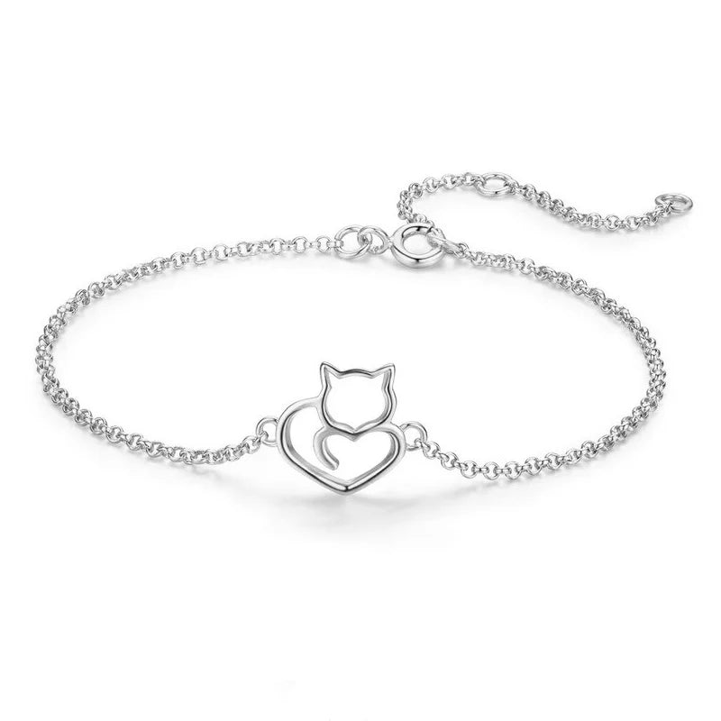 BAMOER 100% 925 Sterling Silver Cat And Heart Link Chain Bracelets & Bangles for Women Authentic Silver Jewelry Gift 3 Colors