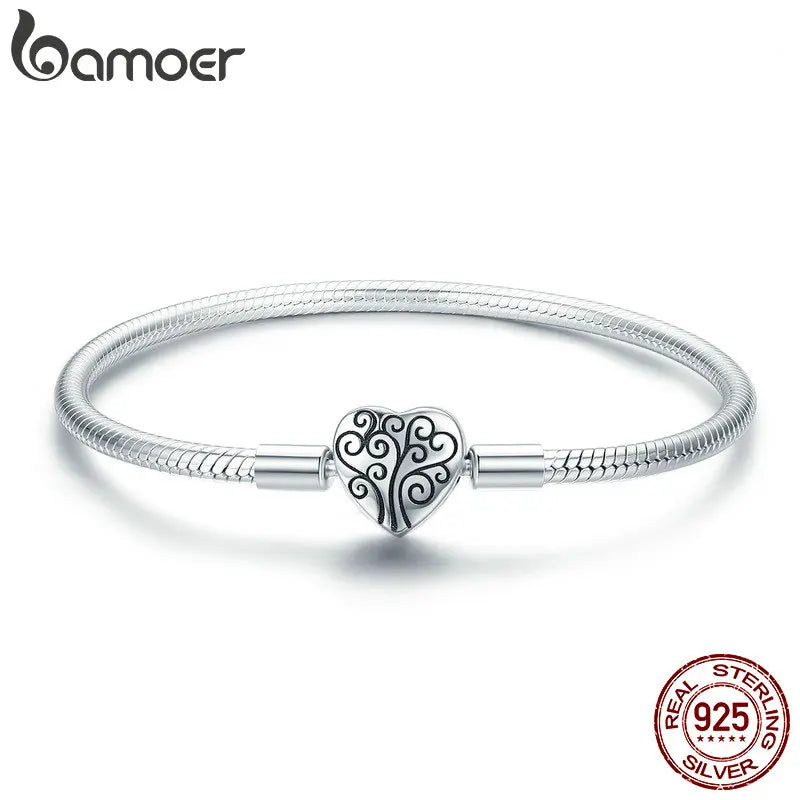 BAMOER 100% 925 Sterling Silver Spring Tree of Life Heart Shape Clasp Snake Chain Bracelet Sterling Silver Jewelry S925 SCB066