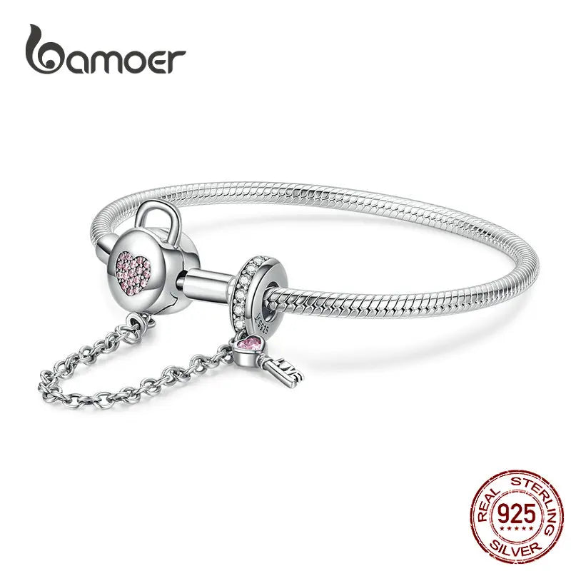 Bamoer 925 Sterling Silver Snake Chain Bracelet Zircon Pink Heart Lock and Key Safety Charm Bracelet for Women Gift SCB143