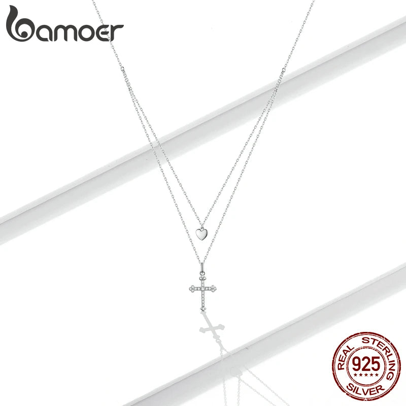 Bamoer Sterling Silver 925 Cross and Heart Double Layer Pendant Necklace for Women Pave Setting CZ Simple Fine Jewelry BSN197