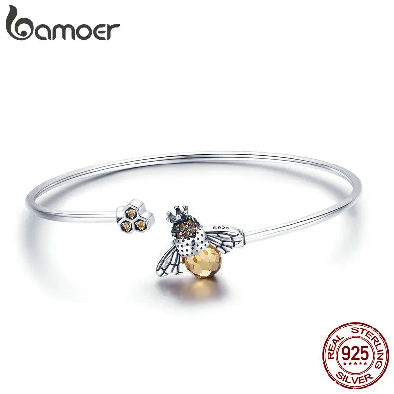 Bamoer 925 Sterling Silver Crystal Yellow Bee Bangle Silver Cute Insect Bracelets for Women Birthday Gift Fine Jewelry SCB104