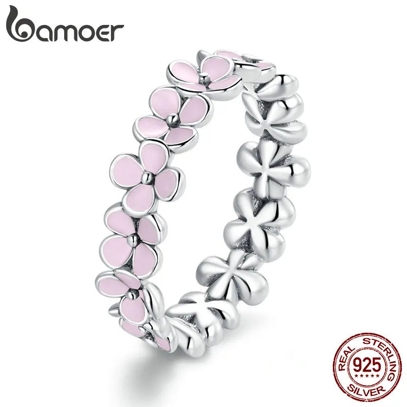 BAMOER S925 Sterling Silver Pink Wreath Finger Ring for Women Birthday Valentine's Day Gift Sweet Romatic Fine Jewelry 3 Colors