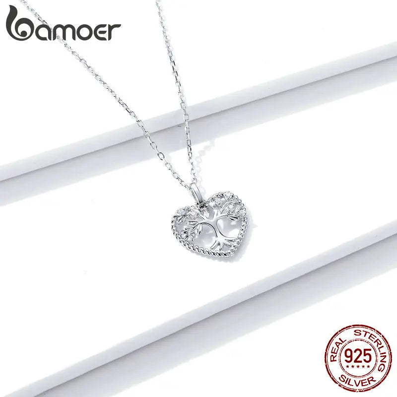 BAMOER 925 Sterling Silver Radiant Clear CZ Tree of Life Heart Pendant Necklace for Women Family Gifts Fine Jewelry BSN176