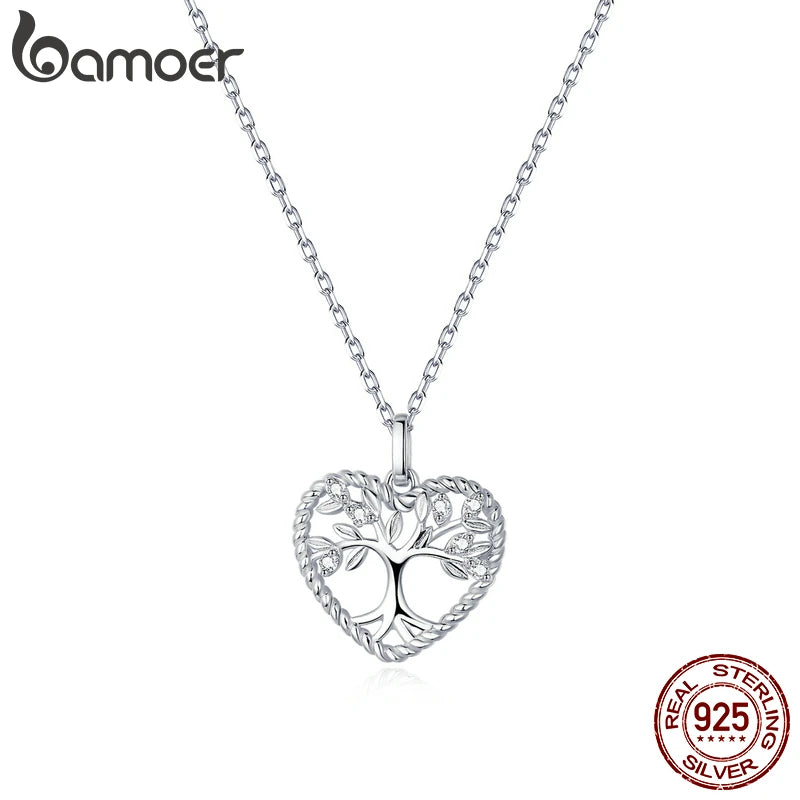 BAMOER 925 Sterling Silver Radiant Clear CZ Tree of Life Heart Pendant Necklace for Women Family Gifts Fine Jewelry BSN176