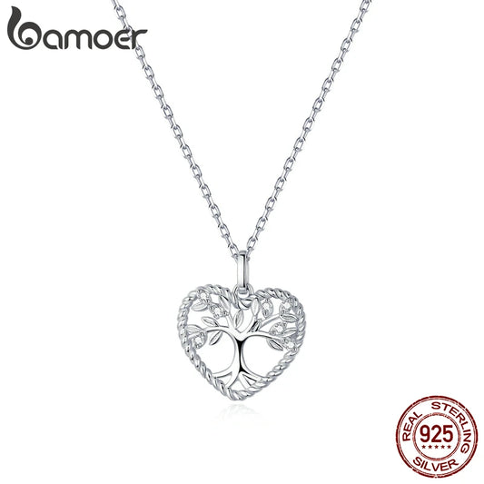 BAMOER 925 Sterling Silver Radiant Clear CZ Tree of Life Heart Pendant Necklace for Women Family Gifts Fine Jewelry BSN176