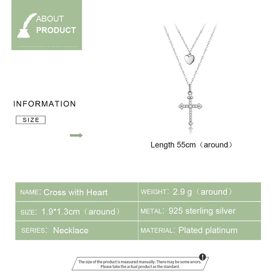 Bamoer Sterling Silver 925 Cross and Heart Double Layer Pendant Necklace for Women Pave Setting CZ Simple Fine Jewelry BSN197