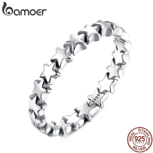 BAMOER HOT SALE Genuine Silver 925 Star Ring For Women Wedding 100% 925 Sterling Silver Stackable Finger Ring Jewelry PA7151