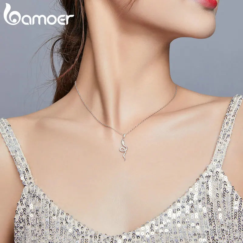 BAMOER 925 Sterling Silver Snake Pendant Necklace Pave Setting CZ for Women Adjustable Chain Link Fine Jewelry Party Gift