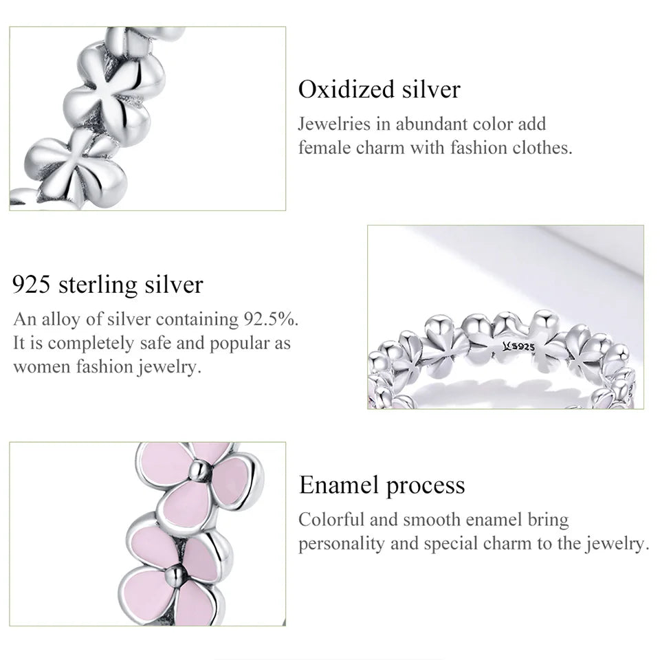 BAMOER S925 Sterling Silver Pink Wreath Finger Ring for Women Birthday Valentine's Day Gift Sweet Romatic Fine Jewelry 3 Colors