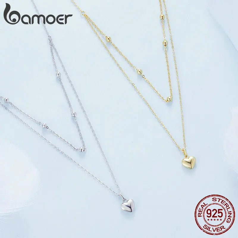 BAMOER 925 Sterling Silver Heart Pendant Necklace for Women Gold Double Layer Choker Female Fine Jewelry BSN168