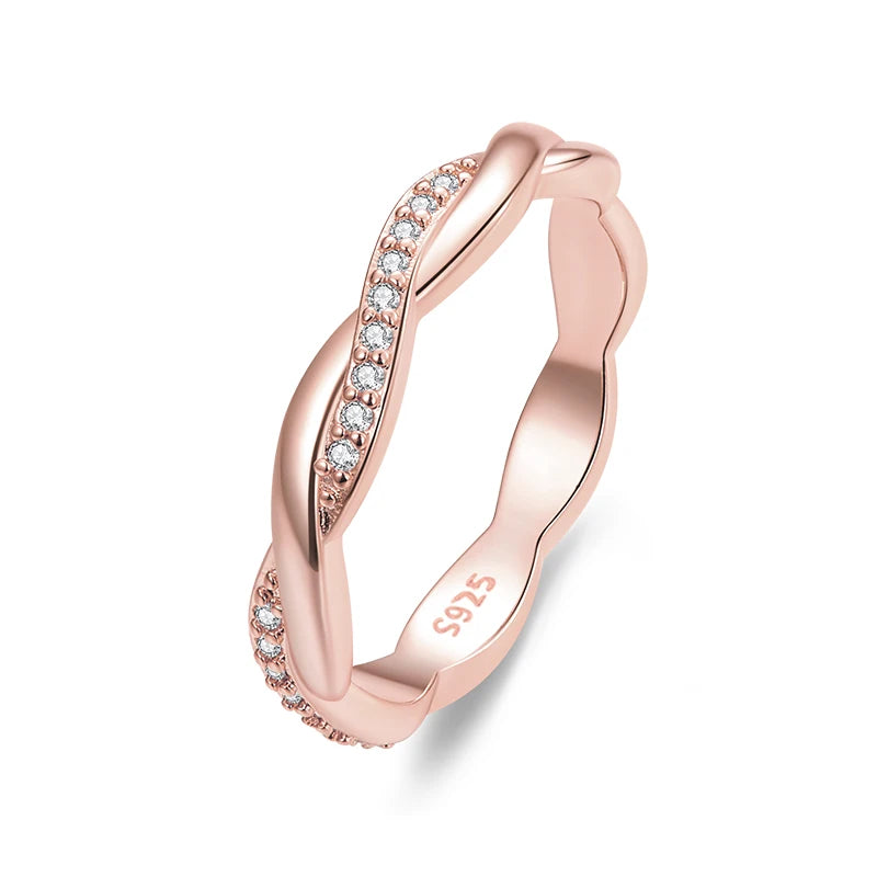 BAMOER 925 Sterling Silver Simple Twisted Ring 14K Gold Plated Cubic Zirconia Eternity Band for Women 3 Colors BSR248