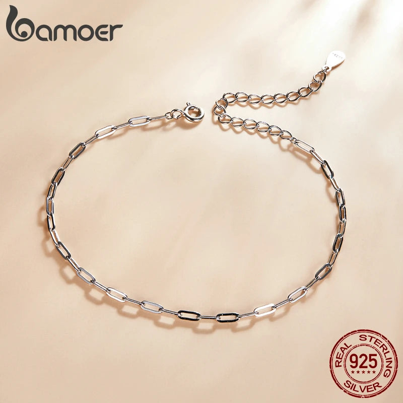 BAMOER Real 925 Sterling Silver Simple Bracelet Gold Basic Cable Chain Hollow Link for Women Fashion Jewelry Two Colors SCB221