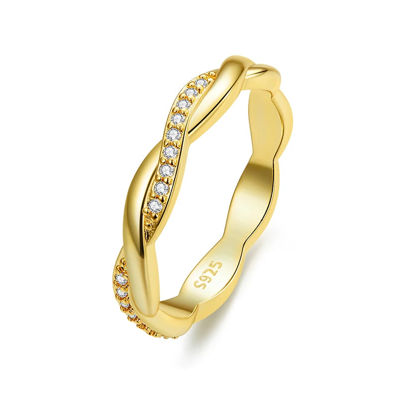 BAMOER 925 Sterling Silver Simple Twisted Ring 14K Gold Plated Cubic Zirconia Eternity Band for Women 3 Colors BSR248