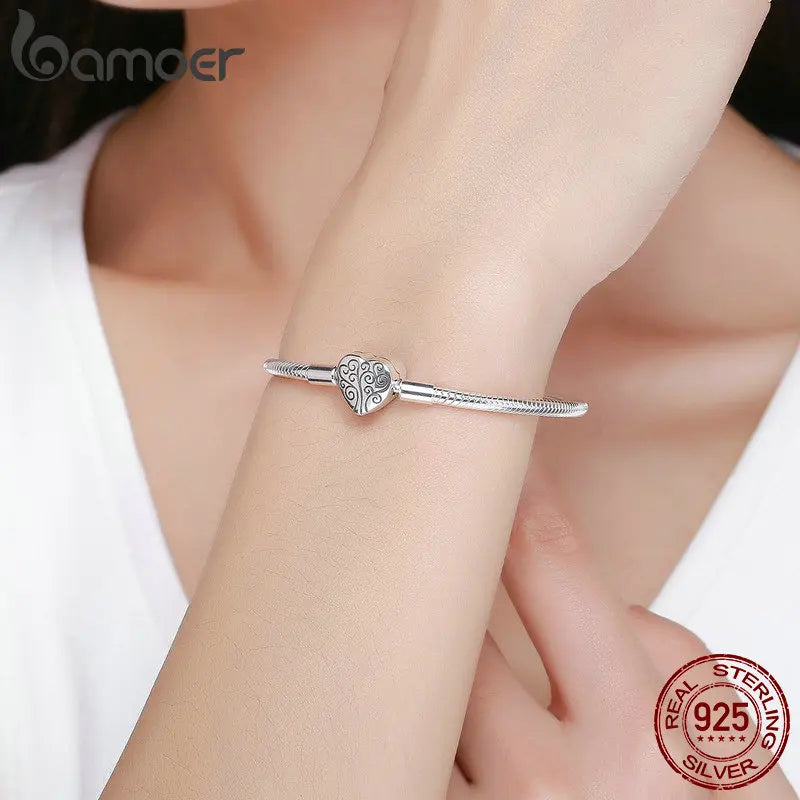 BAMOER 100% 925 Sterling Silver Spring Tree of Life Heart Shape Clasp Snake Chain Bracelet Sterling Silver Jewelry S925 SCB066