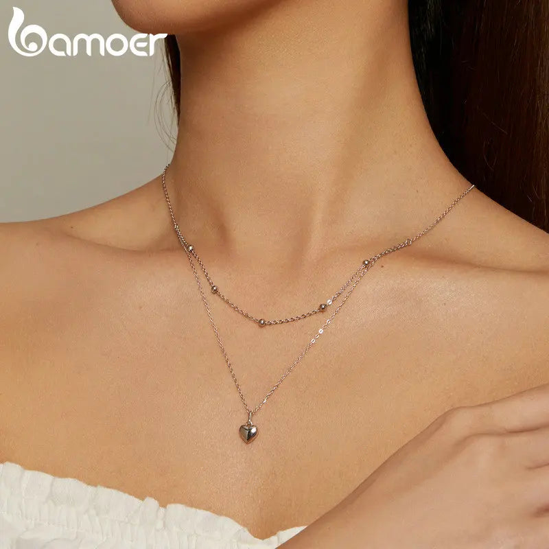 BAMOER 925 Sterling Silver Heart Pendant Necklace for Women Gold Double Layer Choker Female Fine Jewelry BSN168