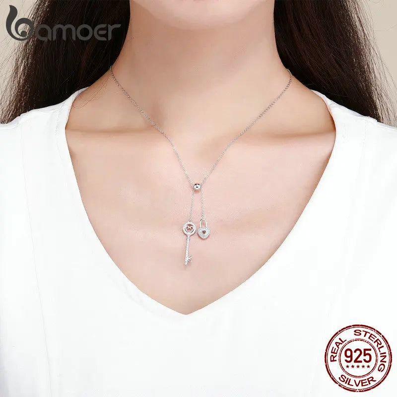 BAMOER Romantic 925 Sterling Silver Key of Heart Lock Chain Pendant Necklaces for Women Sterling Silver Jewelry Collar SCN290