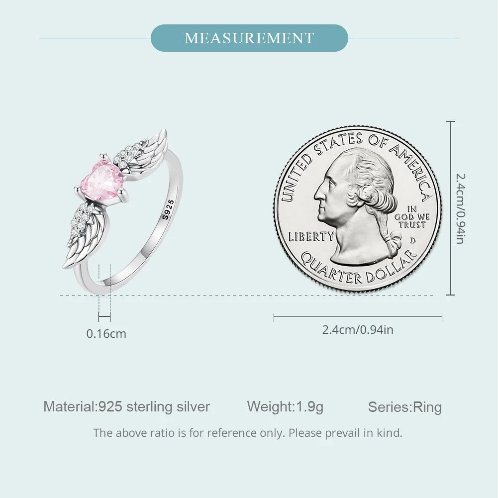 BAMOER 925 Sterling Silver Angel Wing Ring for Women Fine Jewelry Pink Heart Zircon Eternity Band Ring Wedding Gift SCR874