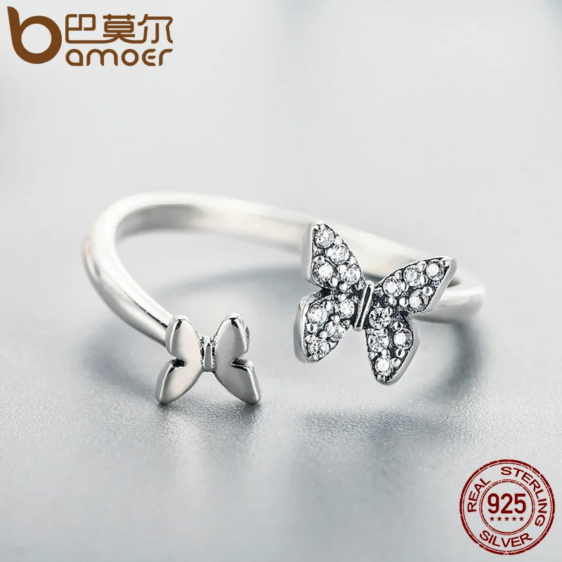 BAMOER Hot Sale 925 Sterling Silver Dazzling CZ Butterfly Open Finger Ring for Women Fashion Sterling Silver Jewelry Gift SCR087