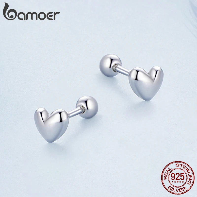 BAMOER 925 Sterling Silver Mini Heart Stud Earrings Platinum Plated Simple Earrings for Women Sweet Fine Jewelry Gift BSE886