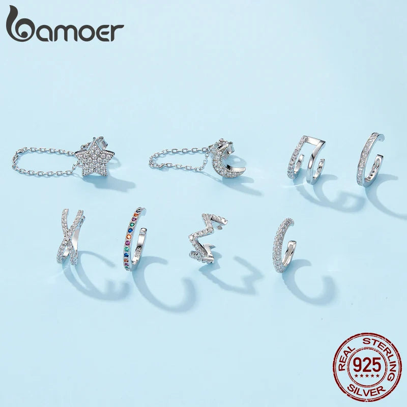 BAMOER 925 sterling silver Mono-earring Clip Earrings for Girl CZ Platinum Plated Stud Earrings Women Wedding Party Jewelry