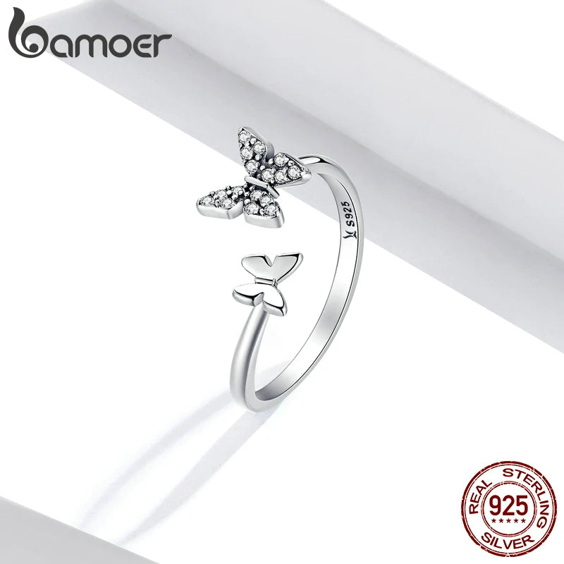 BAMOER Hot Sale 925 Sterling Silver Dazzling CZ Butterfly Open Finger Ring for Women Fashion Sterling Silver Jewelry Gift SCR087