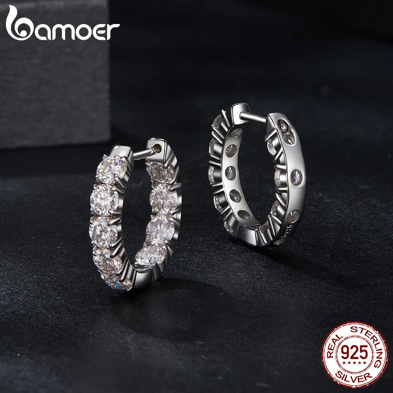 BAMOER White Gold Plated Moissanite Hoop Earrings for Women, D Color Round Cut Lab Diamond 925 Silver Hypoallergenic Earrings