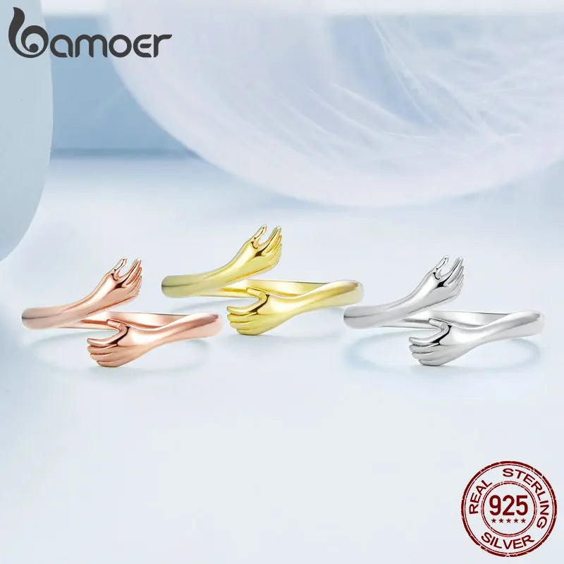 BAMOER 925 Sterling Silver Hug Warmth and Love Hand Adjustable Ring for Women Party Jewelry, His Big Loving Hugs Ring 3 Colors