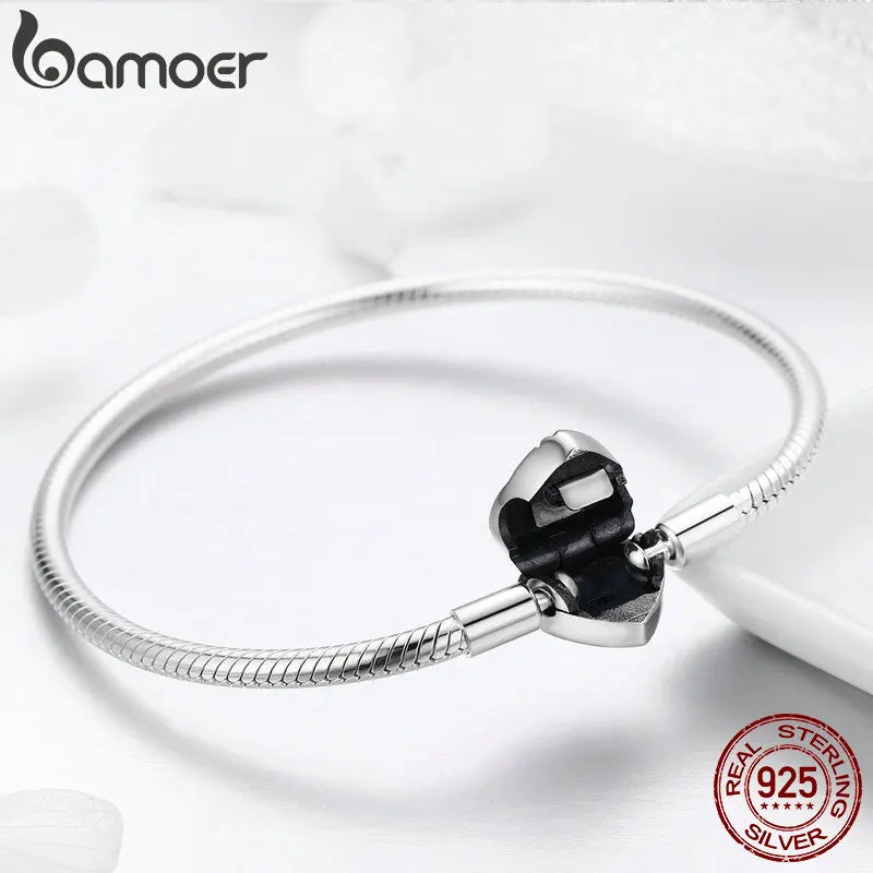 BAMOER 100% 925 Sterling Silver Spring Tree of Life Heart Shape Clasp Snake Chain Bracelet Sterling Silver Jewelry S925 SCB066