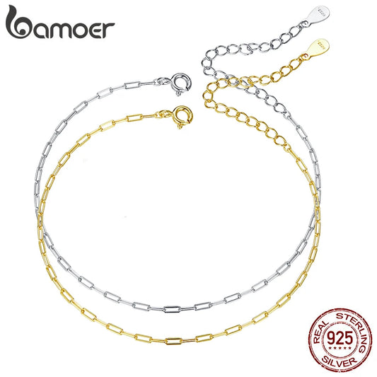 BAMOER Real 925 Sterling Silver Simple Bracelet Gold Basic Cable Chain Hollow Link for Women Fashion Jewelry Two Colors SCB221