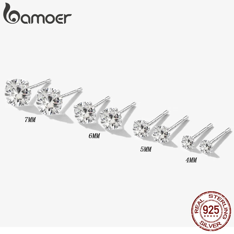 bamoer CZ Stud Earrings 925 Sterling Silver Platinum Plated Round Cubic Zirconia Hypoallergenic Earrings 4mm 5mm 6mm 7mm BSE166