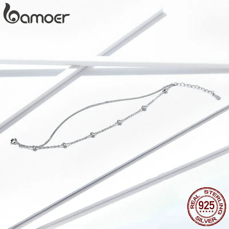 BAMOER 925 Silver Chain Bracelet Double Layers Round Beads Link Chain Bracelets Women 7.48'' Adjustable 14K Gold Plated Jewelry